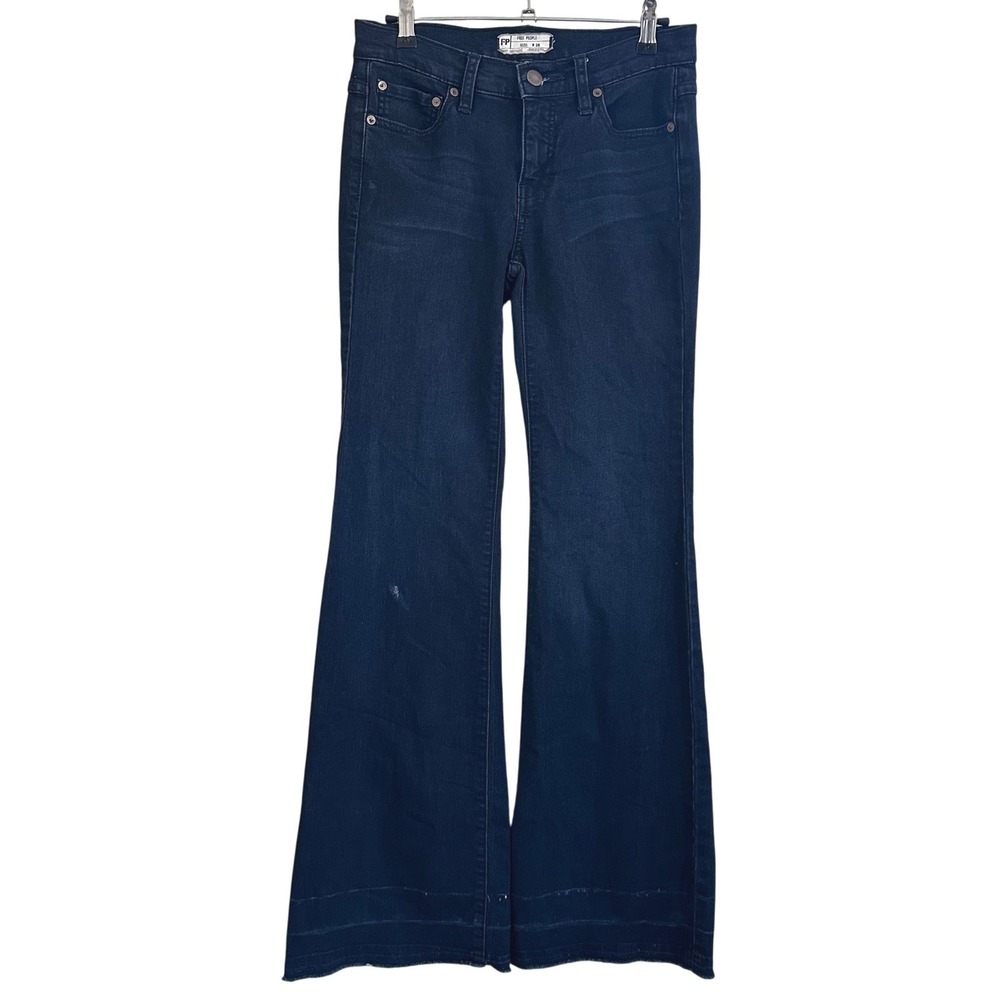 Free People Dallas Flare Jeans Women's 26 Dark Wash Frayed Hem Cowgirl Rodeo